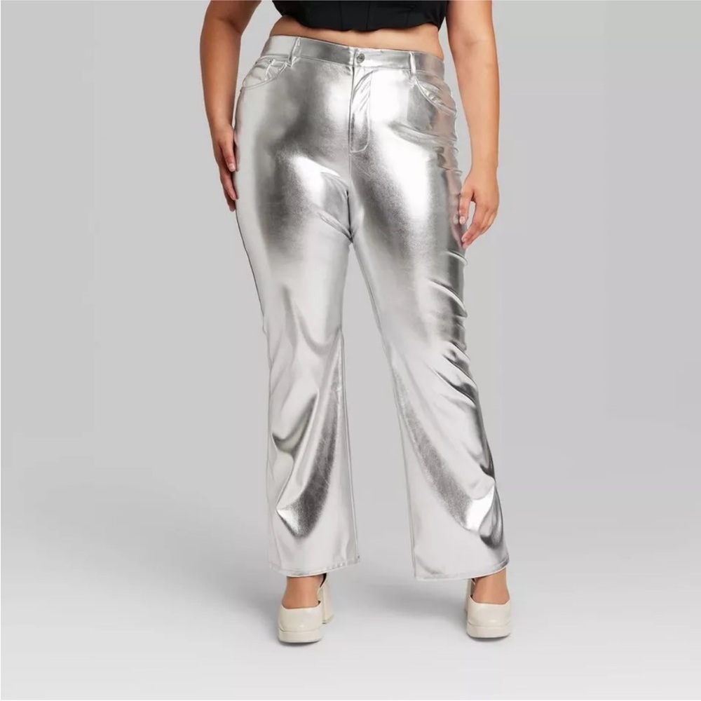 Wild Fable Women's 17 High Rise‎ Flare Casual Metallic Faux Leather Pants